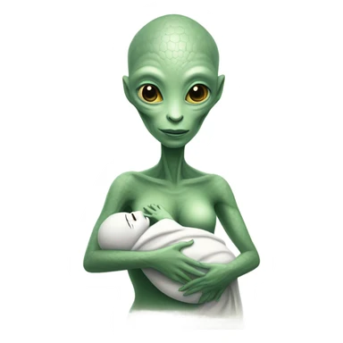  Reptilian alien woman , full body,  holds a newborn white humman baby sticker