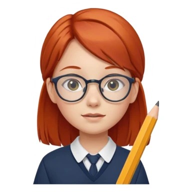 red long hair girl kid with glasses → holding a pencil with school uniform sticker