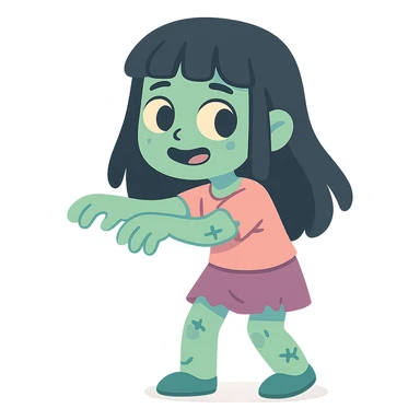 a zombie girl with black long hair and bangs, pastel toon style, soft colors, gentle sticker