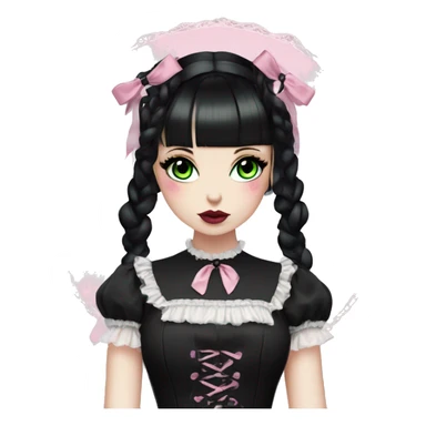 pale woman with black hair, pink lips and eyeshadow, long eyelashes, green eyes, black Lolita dress with laces and ribbons, gothic Lolita doll look sticker