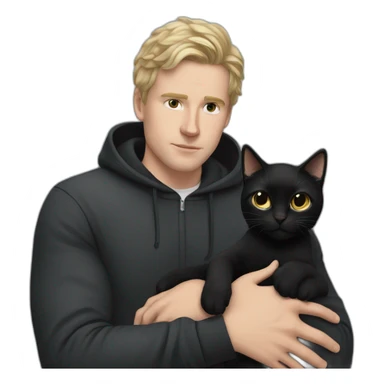 white man blakc hair, beany in tracksuit holdin black cat like a baby in arms sticker