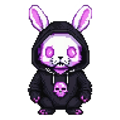 Kuromi character, purple bunny with a black hood and pink skull sticker
