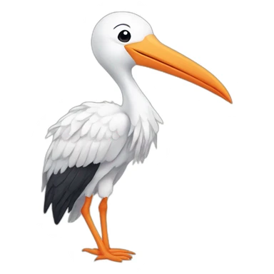  white stork with a long beak. The stork is carrying a bundle of cloth in its beak that has a cute baby human and his face peeking out from it sticker