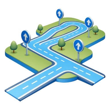 
A 3D minimal icon showing a street route with a clear path, blue road with white markings, in a clean, minimal 3D style and a transparent background. sticker