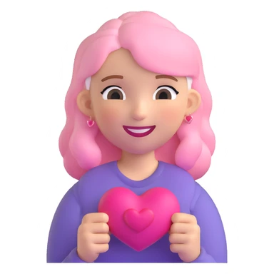 girl with pink and white hair, smiling, holding a heart, 3D emoji style sticker