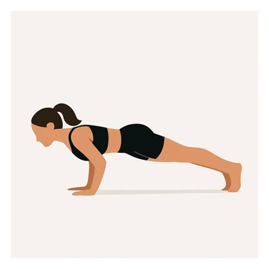 Minimalist flat vector illustration of a woman doing yoga (Four Limbed Staff ), wearing sportswear (black top and black shorts), brown hair pulled back into a ponytail, clean white background, no face details, elegant style sticker