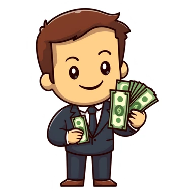 white male in a suit with money in his hand, smiling expression, happy face, brown hair sticker