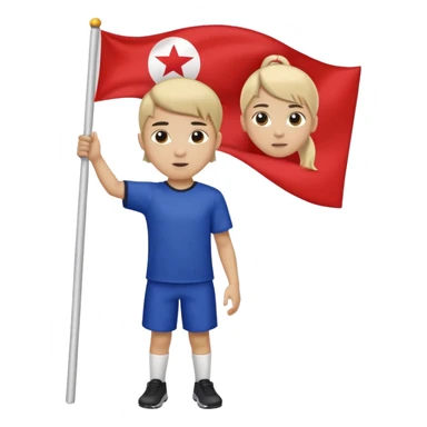 A pony tail hair boy holding a big team flag, waving it proudly with a determined expression. sticker