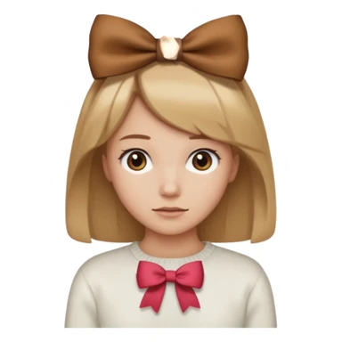 Pelo color marron claro acercándose a el rubio,suéter blanco con un moño marron, piel normal clara,y un mini moñito en la cabeza marron sticker