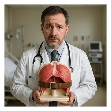 realistic doctor with an anatomical model of the diaphragm locked by a tight belt, empathetic expression, clinical details, hospital environment, no cartoon elements, hyper realistic style sticker