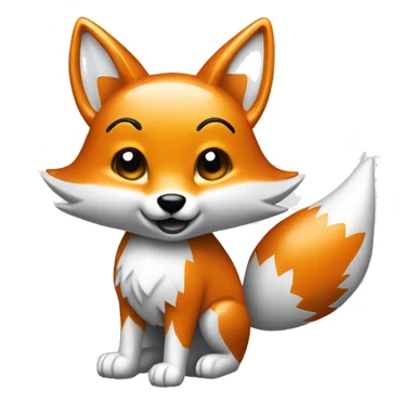 Fully chromed fox statue in iOS emoji style, smooth, rounded edges, reflective surface with soft light reflections, minimalist features like the tail and raised paw. Plain white background to emphasize the chrome texture. sticker