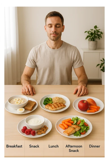 Uomo sereno con fisico sano e asciutto seduto davanti a un grande tavolo diviso in 5 sezioni, ognuna con un pasto bilanciato: colazione, spuntino, pranzo, merenda, cena. Ogni piatto ha porzioni equilibrate di proteine, carboidrati e grassi salutari. Ambiente ordinato, stile di vita sano, luce naturale, atmosfera di consapevolezza nutrizionale. sticker