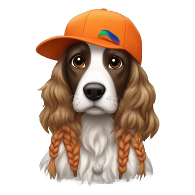 Brunette white girl with braided pigtails in a bright orange baseball hat with a phesant on it with a tricolor English setter with a half black face sticker