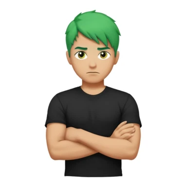 a man with his arms crossed over his chest, green hair, and serious eyes sticker