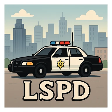 Make the police car black and white, add a city background, and add the caption 'LSPD' in a cartoon style. sticker