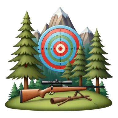 Icon for Hunting Tourism: hunting rifle, and a target, surrounded by nature elements like trees, mountains, and wildlife tracks. The icon should represent the adventure and exploration of hunting tourism. Transparent background. sticker