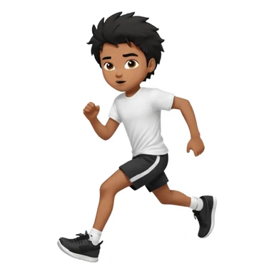 generate a pretty bratz brown skinned boy with black messy hair wearing a white tshirt and black running shorts. running on the street with white sneakers sticker