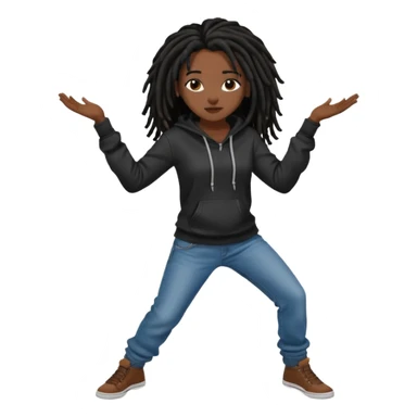 African American dark skin girl with black dreadlocks with brown tips wearing a plain black hoodie wearing denim jeans and shoes dancing in music video sticker