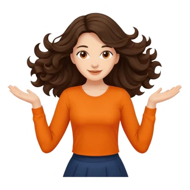 Long dark wavy hair women in orange top twirling around sticker