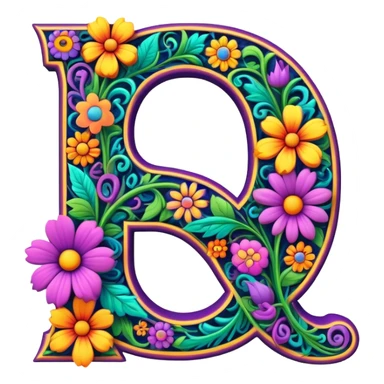 3D, gothic style psychedelic colored capital Letter Q with hippie style flower border sticker