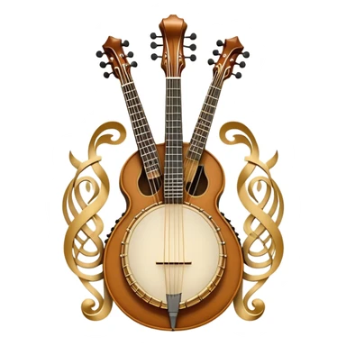 Design a sophisticated and festive emblem-like emoji representing plucked and stringed instruments. The layout should resemble a heraldic crest, featuring iconic instruments like a banjo, mandolin, domra, and sitar, artistically arranged in an elegant and symmetrical way. The necks of the instruments should be intertwined with a flowing ribbon of musical notes, winding around the strings and fretboards. The design should be detailed, showcasing the intricate carvings on the instruments, visible strings, and fret markers. Use a rich color palette with deep golds, browns, and vibrant accents to evoke a sense of luxury and celebration. The musical notes should appear to float around the instruments, connecting them in a graceful, dynamic way. Include ornate flourishes or decorative elements like laurels, swirls, or subtle engravings to give the image a professional, emblematic appearance. The background should be transparent. sticker