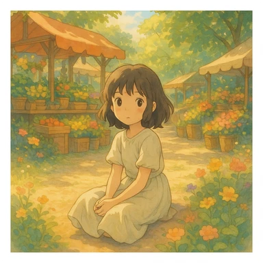 girl sitting on the marketplace, ghibli style sticker