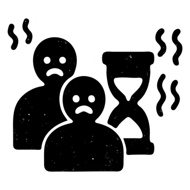 ultra-minimalist solid icon of two abstract figures, trembling clock or hourglass, extremely worn and eroded texture, anxious and stressed expressions, sense of terror sticker