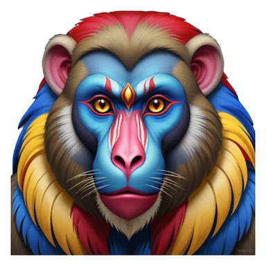 Cinematic Noble Mandrill Portrait Emoji, Poised and regal, with a striking, powerful build and a vivid, multicolored face accented by bold blue, red, and yellow hues, deep-set soulful eyes, Simplified yet sharp and sophisticated features, highly detailed, glowing with a vibrant, dignified glow, high shine, intelligent and commanding, stylized with an air of exotic majesty, focused and attentive, soft glowing outline, capturing the essence of a watchful and confident primate, so majestic it feels as though it could step out of the screen with effortless authority! sticker