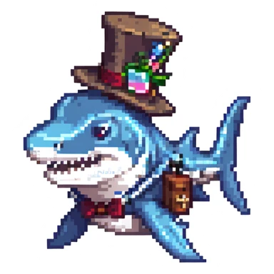 pixel art shark, blue, with a fancy tophat sticker
