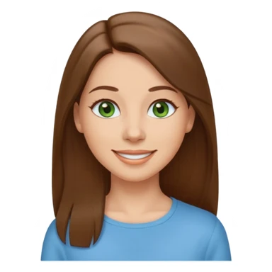Adult woman avatar, light skin tone, oval face, straight long brown hair, green eyes, neutral mouth, sky blue top sticker