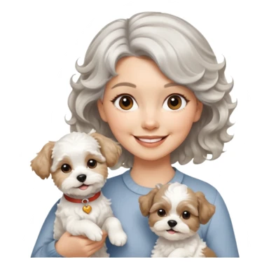 silver, short, wavy-haired with loose curls, smiling pretty lady holding a white terrier and a white/tan shih tzu dog sticker