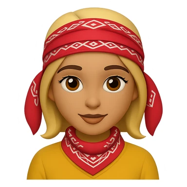 Create an image of a woman with a bandana and orange hair in the style of Apple emojis, with no background. The style should mimic the look of Apple emojis. sticker
