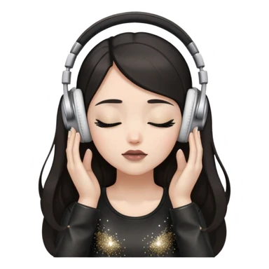 Girl with long dark hair, fair skin tone, wearing a black leather top, has glitter on her eyelids, and taupe lipstick, wearing white headphones, her hands are on her ears, and her eyes are close sticker