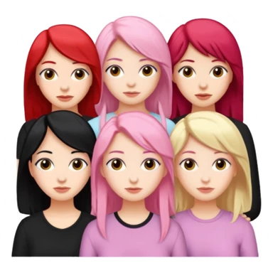 Girlfriend emoji - 5 white girlfriends, two with black hair, one with medium blonde hair, one with  pale pink hair,  sticker