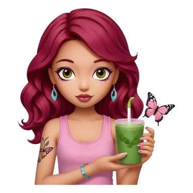 a pretty fair bratz girl with wavy dark red hair, wearing a pink tank top , carrying a matcha . eyeliner on. butterfly tattoo on arm sticker