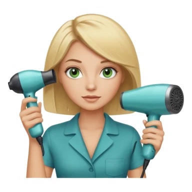 Blonde bob girl hair stylist with blue green eyes holding a hair dryer sticker