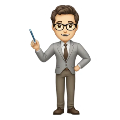 Pale skinned fit man with dark brown hair in gray jacket, beige office shirt, brown tie, brown pants and vintage glasses Writing text on a marker board sticker