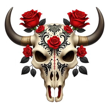 Bull skull with red roses and black intricate patterns sticker