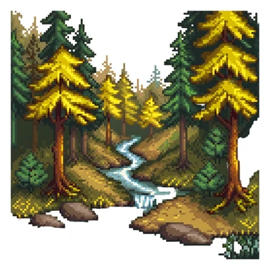 forest with a river stream through trees sticker