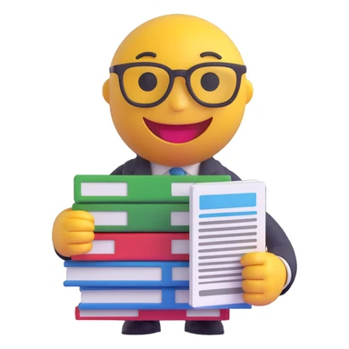 3D smiley emoji, round shape, administrator: holding a stack of documents, wearing glasses, with the text "Adminisztrátor" on it sticker