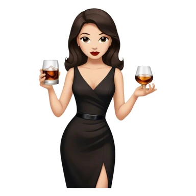Beautiful woman in 1950’s woman fashion look, black dress, long dark brown hair, whisky with ice sticker