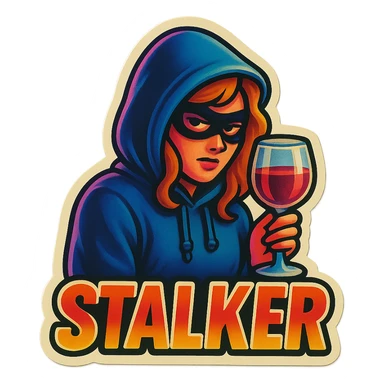 A sticker of a female stalker with a glass of wine sticker