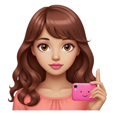 cute woman, light tan skin, big dark brown eyes, very long wavy auburn hair, bangs, pink top, coral lipstick, piece sign sticker