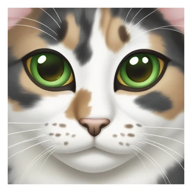 Dilute calico cat with green eyes and a speckled nose sticker