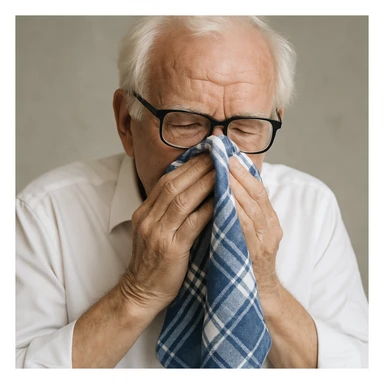 old man with white hair, white skin, black-framed glasses, wearing a white shirt, blowing his nose on a large thick blue and white checkered handkerchief sticker