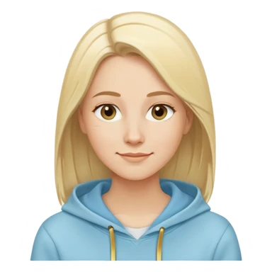 Caucasian woman, oval face, straight light blonde hair with side part, serene smile, dreamy expression, light blue hoodie with gold and white details sticker