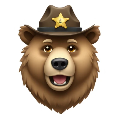 Light colored grizzly bear with a sheriffs hat sticker