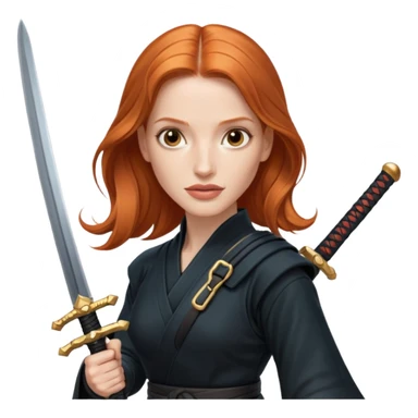 Jessica Chastain, in a ninja position with big swords sticker