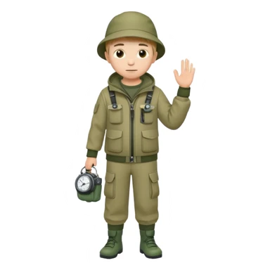 Boy in fishing suit looking at his wristwatch, full body sticker
