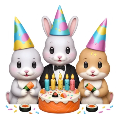 four bunnies together eating sushi at a birthday party, pastel colors, cute, confetti, birthday cake, new composition, emoji style sticker